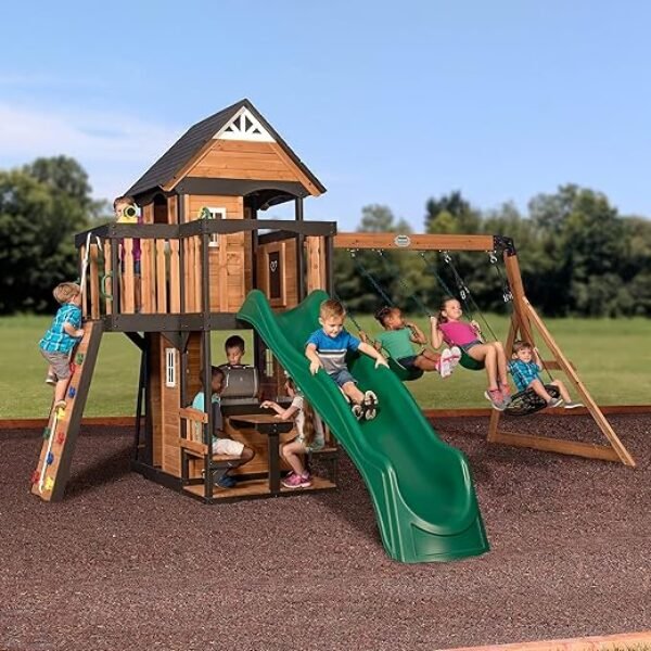 Backyard Discovery Canyon Creek All Cedar Wood Swing Set, Playhouse with Grill, Plastic Food, Picnic Area, Steering Wheel, Two Belt Swings, Rock Climbing Wall, Balcony, Deck, Slide, Web Swing,Brown