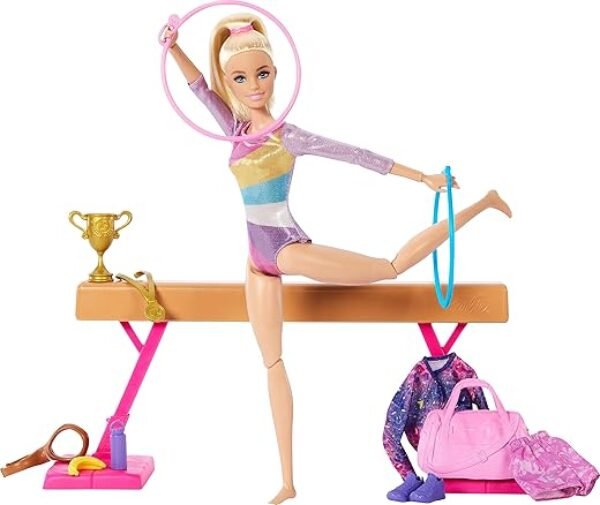 Barbie Careers Playset, Gymnastics Set with Blonde Gymnast Fashion Doll, C-Clip for Flipping Action, Balance Beam, Warm-Up Suit & Accessories