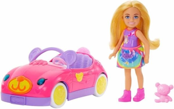 Barbie Chelsea Toy Car Set with Bear-Themed Convertible & Teddy Bear Accessory, Blonde Small Doll Wears Removable Skirt & Shoes