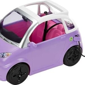 Barbie Doll Accessories, Toy Car Electric Vehicle with Charging Station, Plug & Sunroof, Purple 2-Seater Transforms into Convertible