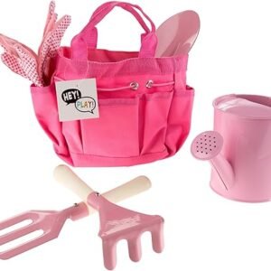 Hey! Play! Kid’s Garden Tool Set with Child Safe Shovel, Rake, Fork, Gloves, Watering Can and Canvas Tote- Mini Gardening Kit for Boys and Girls , Pink 4 x 7 x 6 inches