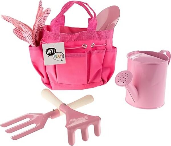 Hey! Play! Kid’s Garden Tool Set with Child Safe Shovel, Rake, Fork, Gloves, Watering Can and Canvas Tote- Mini Gardening Kit for Boys and Girls , Pink 4 x 7 x 6 inches