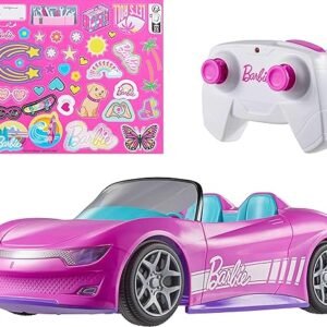 Hot Wheels Barbie RC Toy Car, Remote-Control Pink Convertible, Can Hold 2 Barbie Fashion Dolls & Trunk Opens for Storage, Sticker Sheet for Customizing