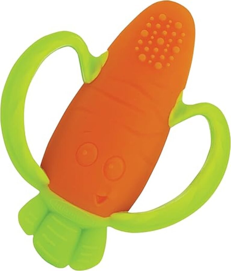 Infantino Lil' Nibbles Textured Silicone Baby Teether - Sensory Exploration and Teething Relief with Easy to Hold Handles, Orange Carrot, 0+ Months