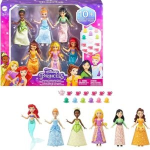 Mattel Disney Princess Toys, Small Doll Party Set with 6 Posable Dolls in Sparkling Clothing & 13 Tea Time Accessories