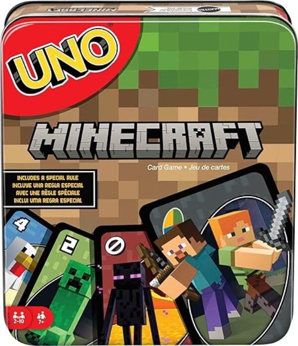 Mattel Games UNO Minecraft Card Game for Family Night with Minecraft-themed Graphics in a Collectible Tin for 2-10 Players (Amazon Exclusive)