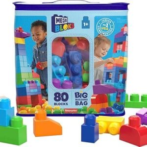 MEGA BLOKS First Builders Toddler Blocks Toys Set, Big Building Bag with 80 Pieces and Storage, Blue, Ages 1+ Years