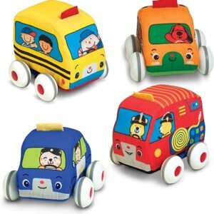 Melissa & Doug K's Kids Pull-Back Vehicle Set - Soft Baby Toy Set With 4 Cars and Trucks and Carrying Case Pull Back Cars, Soft Vehicles Toys For Babies And Toddlers