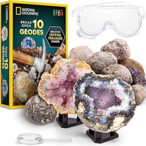 NATIONAL GEOGRAPHIC Break Open 10 Premium Geodes – Includes Goggles and 2 Display Stands - Great STEM Science Kit, Geology Gift for Kids, Break Your Own Geodes with Crystals, Toys for Boys and Girls