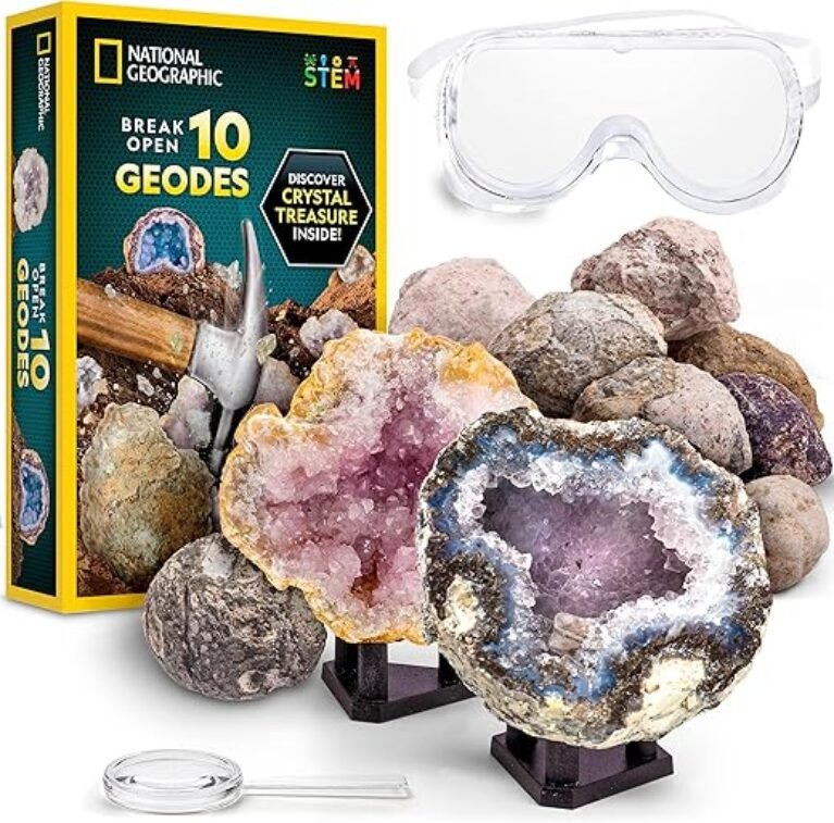 NATIONAL GEOGRAPHIC Break Open 10 Premium Geodes – Includes Goggles and 2 Display Stands - Great STEM Science Kit, Geology Gift for Kids, Break Your Own Geodes with Crystals, Toys for Boys and Girls