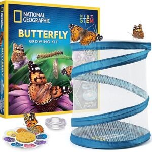 NATIONAL GEOGRAPHIC Butterfly Growing Kit - Butterfly Habitat Kit with Voucher to Redeem 5 Caterpillars (S&H Not Included), Butterfly Cage, Feeder (Amazon Exclusive)