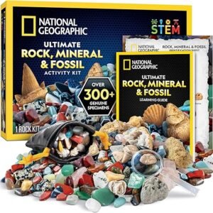 NATIONAL GEOGRAPHIC Rock Collection Box for Kids – 300 Piece Gemstones and Crystals Set Includes Geodes and Real Fossils, Rocks and Minerals Science Kit for Kids, A Geology Gift for Boys and Girls