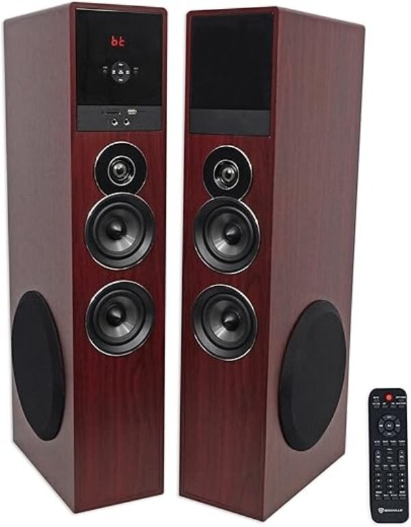 Rockville TM80C Powered Home Theater Tower Speaker System, Cherry Wood, 800W, 8" Subwoofers, Bluetooth, USB/SD Playback, FM Radio, Remote Control, Karaoke Ready, Perfect for Home Entertainment