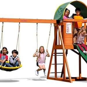 Sportspower Amelia Heavy Duty Wooden A-Frame Swing Set: Saucer + Adjustable Swing, 6ft Blow Molded Slide, Play Fort/Rock Climb Wall + Sandbox, EXCEEDS ASTM Safety Standards*Bonus Anchor Kit*