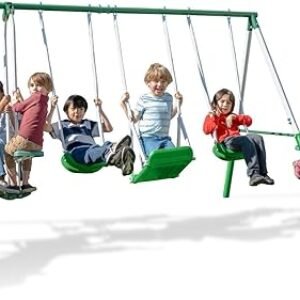 Sportspower Park Ridge Metal Swing Set: 2 Swings/Standing Swing, 2 Person Roman Glider Swing, Teeter Totter and 5' Wavy Slide, EXCEEDS ASTM Safety Standards *Bonus 4pc Anchor Kit*
