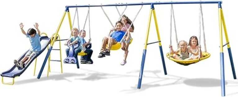 Sportspower Super Star Outdoor Kids Metal Swing Set: 2 Swings, 1 Flying Saucer, 1 Glider, 1 Wavy Slide - Exceeds ASTM Standards