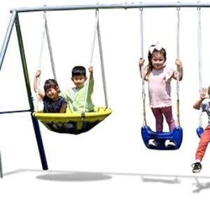 Sportspower Taylor Galvanized Metal Swing Set (6 Year Warranty): Blow Molded Swing+Standing Swing, Teeter Totter, Saucer Swing+5' Wavy Slide, EXCEEDS ASTM Standards*4pc Anchor Kit*