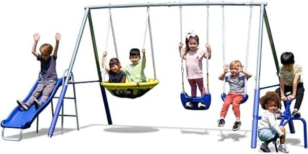 Sportspower Taylor Galvanized Metal Swing Set (6 Year Warranty): Blow Molded Swing+Standing Swing, Teeter Totter, Saucer Swing+5' Wavy Slide, EXCEEDS ASTM Standards*4pc Anchor Kit*