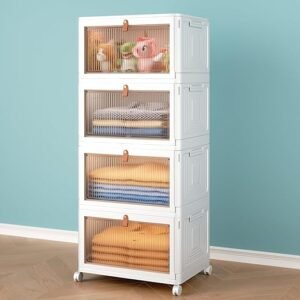 4 Tier Storage Bins with Lids, 23QT Stackable Closet Organizers and Storage with Wheels, Collapsible Storage Boxes, Foldable Plastic Storage Containers for Home,Office, Dorm Room