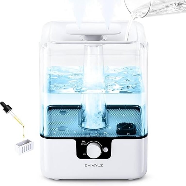 6L Humidifiers for Bedroom Large Room Home, CHIVALZ Cool Mist Top Fill Humidifiers for Baby Nursery and Plants, 26dB Quiet, Nightlight, Up to 50 Hours, Oil Diffuser 1 Pack + 2 Mist Outlets White