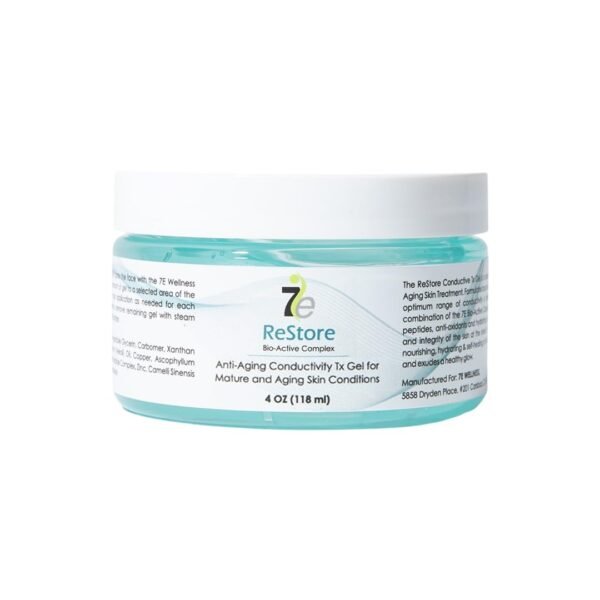 7E Wellness ReStore Conductive Microcurrent Gel with Bio-Active Complex - 4oz - Facial Skin Care with Green Tea Extract, Hyaluronic Acid & Collagen Peptides - Anti-Aging & Skin Tightening
