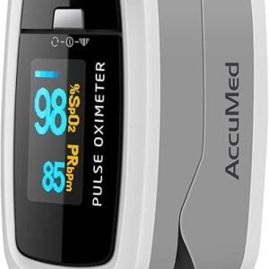 AccuMed CMS-50D1 Fingertip Pulse Oximeter Blood Oxygen Sensor SpO2 for Sports and Aviation. Portable and Lightweight with LED Display, 2 AAA Batteries, Lanyard and Travel Case (White)
