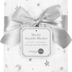 American Baby Company 100% Cotton Muslin Swaddle Blanket, Soft, Breathable & Lightweight, Gray Stars/Moon, 47" x 47" for Boys and Girls, Perfect for Swaddling, Travel and Gifting