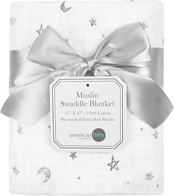 American Baby Company 100% Cotton Muslin Swaddle Blanket, Soft, Breathable & Lightweight, Gray Stars/Moon, 47" x 47" for Boys and Girls, Perfect for Swaddling, Travel and Gifting