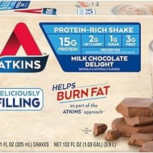 Atkins Milk Chocolate Delight Protein Shake, 15g Protein, Low Glycemic, 2g Net Carb, 1g Sugar, Keto Friendly, 12 Count