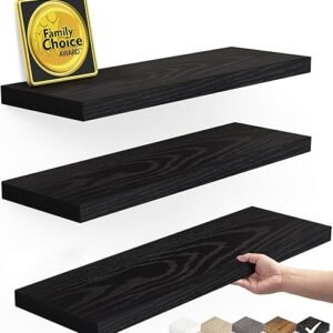 BAYKA Floating Shelves for Wall, Wall Mounted Rustic Wood Shelves for Bathroom, Bedroom, Living Room, Kitchen, Hanging Shelf for Books/Storage/Room Decor with 22lbs Capacity (Black, Set of 3, 15.7in)