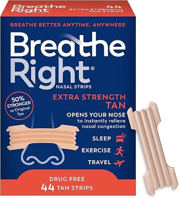 Breathe Right Nasal Strips, Extra Strength, Tan Nasal Strips, Help Stop Snoring, Drug-Free Snoring Solution & Instant Nasal Congestion Relief Caused by Colds & Allergies, 44ct (packaging my vary)