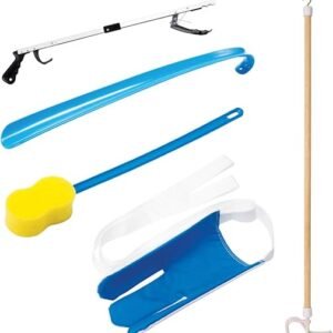 Carex 5 Piece Hip Kit - Hip Kit for Total Hip Replacement - Includes Metal Grabber Reacher Tool, Long Handled Shoe Horn, Sock Slider Sock Aide, Shoe Horn, Long Handled Bath Sponge, and Dressing Stick