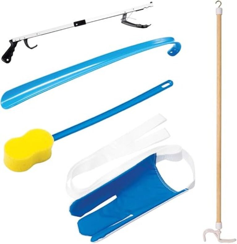 Carex 5 Piece Hip Kit - Hip Kit for Total Hip Replacement - Includes Metal Grabber Reacher Tool, Long Handled Shoe Horn, Sock Slider Sock Aide, Shoe Horn, Long Handled Bath Sponge, and Dressing Stick