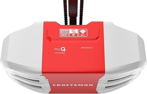 CRAFTSMAN 1/2 HP Smart Garage Door Opener - myQ Smartphone Controlled - Chain Drive, Wireless Keypad Included, Model CMXEOCG472, Red