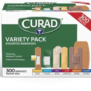 CURAD Assorted Bandages Variety Pack, 300 Count, 6 Styles Including Antibacterial, Waterproof, Sheer, Plastic, Heavy Duty & Flex-Fabric, Protects Scrapes, Cuts & Burns, Latex-Free