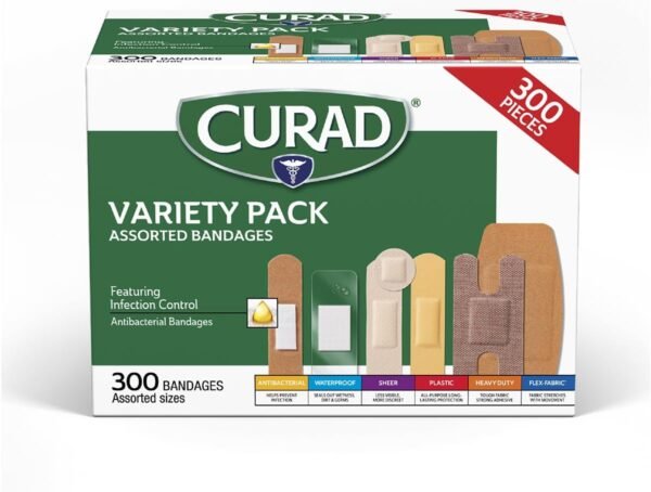 CURAD Assorted Bandages Variety Pack, 300 Count, 6 Styles Including Antibacterial, Waterproof, Sheer, Plastic, Heavy Duty & Flex-Fabric, Protects Scrapes, Cuts & Burns, Latex-Free