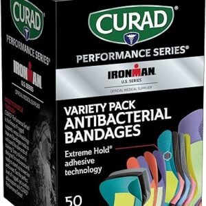 CURAD Performance Series IRONMAN Antibacterial Bandages, Extreme Hold Adhesive Technology, Finger & Knuckle Bandages, Flexible Fabric, Variety Pack with Assorted Sizes & Colors, 50 Count
