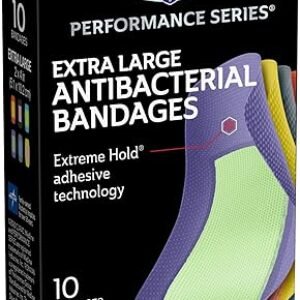 CURAD Performance Series IRONMAN Antibacterial Bandages, Extreme Hold Adhesive Technology, Extra Large Flexible Fabric Bandages for Cuts, Scrapes, & Burns, Assorted Colors, 2 x 4 inches, 10 Count