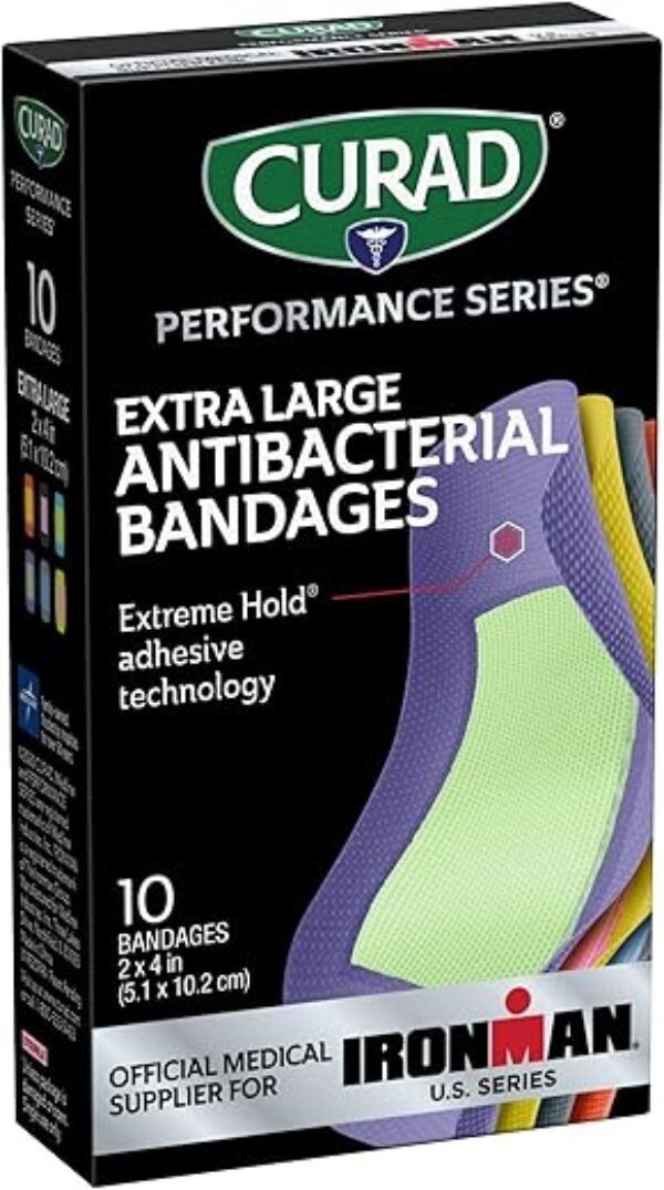 CURAD Performance Series IRONMAN Antibacterial Bandages, Extreme Hold Adhesive Technology, Extra Large Flexible Fabric Bandages for Cuts, Scrapes, & Burns, Assorted Colors, 2 x 4 inches, 10 Count