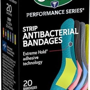 CURAD Performance Series IRONMAN Antibacterial Bandages, Extreme Hold Adhesive Technology, Standard Size Flexible Fabric Bandages for Cuts, Scrapes, & Burns, Assorted Colors, 1 x 3.25 inches, 20 Count