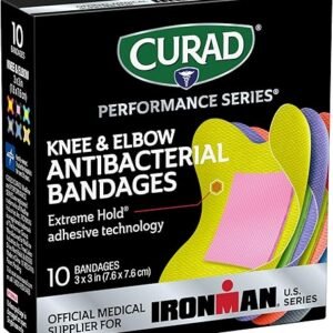 CURAD Performance Series IRONMAN Antibacterial Bandages, Extreme Hold Adhesive Technology, Knee & Elbow 3 inches x 3 inches, 10 Count, Ideal for Cuts, Scrapes, Sports, and Active Lifestyles