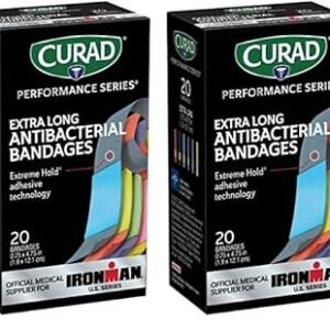 Curad Performance Series Ironman Extra Long Antibacterial Bandage, Extreme Hold Adhesive Technology, Fabric Bandages.75 x 4.75 Inch, 20 Count (Pack of 2)