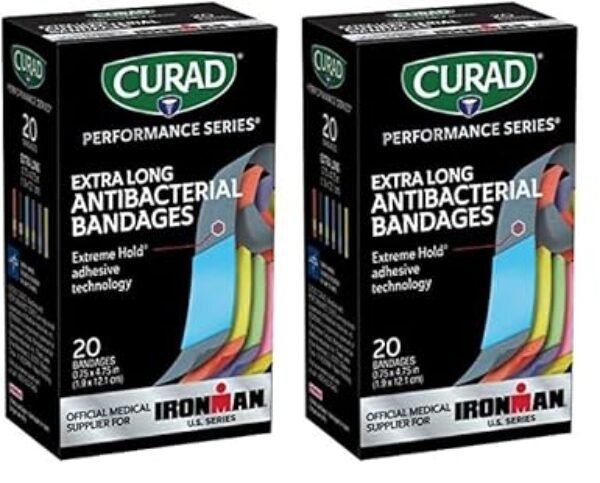 Curad Performance Series Ironman Extra Long Antibacterial Bandage, Extreme Hold Adhesive Technology, Fabric Bandages.75 x 4.75 Inch, 20 Count (Pack of 2)