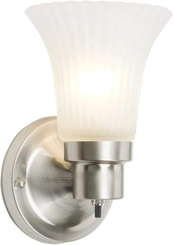 Design House 504977 Village Traditional 1-Light Indoor Dimmable Wall Sconce with Frosted Flute Glass and Twist On/Off Switch Bathroom Bedroom Hallway, 8.25"H x 5.1"W, Satin Nickel