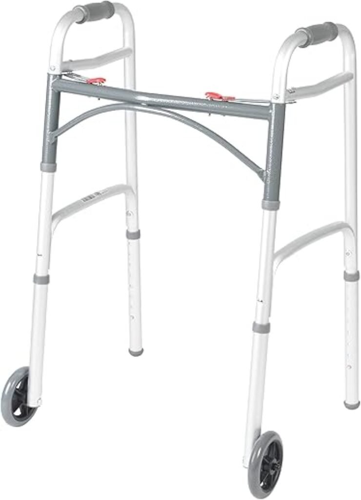 Drive Medical 10210-1 2-Button Folding Walker with Wheels, Rolling Walker, Front Wheel Walker, Lightweight Walkers for Seniors and Adults Weighing Up To 350 Pounds, Adjustable Height, Silver