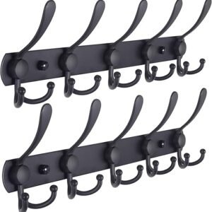 Dseap Coat Rack Wall Mounted - 5 Tri Hooks, Heavy Duty, Stainless Steel, Metal Coat Hook Rail for Coat Hat Towel Purse Robes Mudroom Bathroom Entryway (Black, 2 Packs)