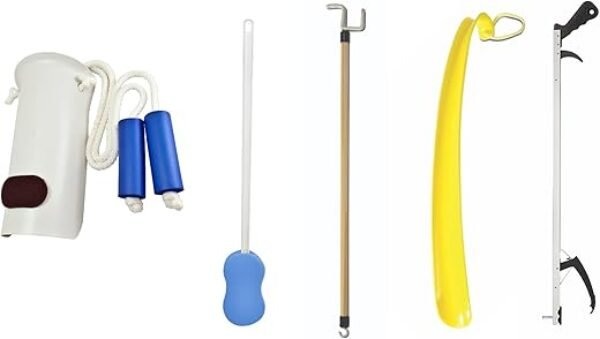 Essential Medical Supply Hip and Knee Surgery Recovery Kit - Includes Sock Aid, Shoehorn, Long Handles Sponge, Dressing Stick and Reacher for Seniors Recovering from Hip Replacement or Surgery