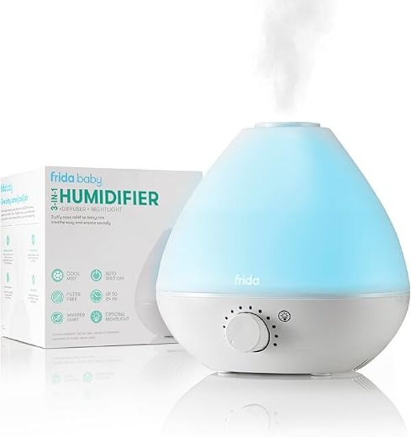 Frida Baby 3-in-1 Cool Mist Humidifier for Baby with Diffuser + Nightlight, Allergy Relief Baby Humidifier for Bedroom, Nursery + Large Rooms, Quiet, Auto Shut Off, Runs +24hrs