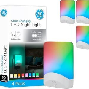 GE Color-Changing LED Night Light, Plug Into Wall, Dusk to Dawn Sensor, 8 Vibrant Colors, Ambient Lighting, Kids Adults Bedroom, Bathroom, Nursery, Kitchen, Hallway, 4 Pack, 50860
