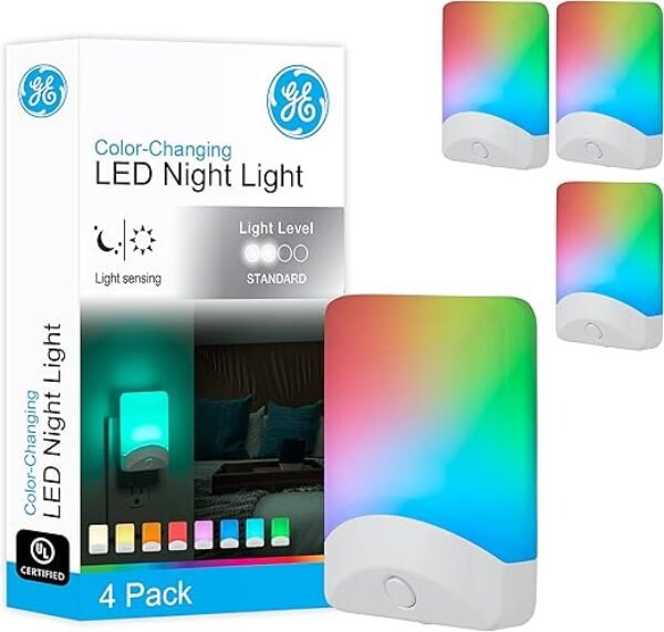 GE Color-Changing LED Night Light, Plug Into Wall, Dusk to Dawn Sensor, 8 Vibrant Colors, Ambient Lighting, Kids Adults Bedroom, Bathroom, Nursery, Kitchen, Hallway, 4 Pack, 50860